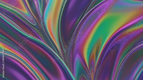 Vibrant abstract holographic liquid metal texture with iridescent wavy patterns.