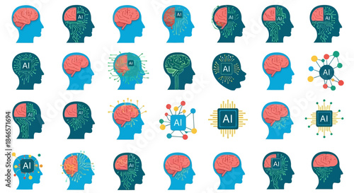 Illustration of human heads with brain activity and ai elements representing artificial intelligence and human cognition concepts