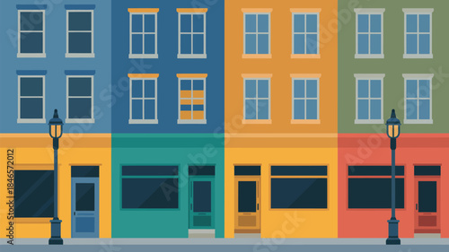 Vibrant city street with colorful buildings and street lamps