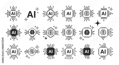 Ai icons with various designs and styles, including circular, square, and abstract representations, showcasing technology and innovation