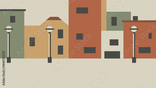 Vibrant cityscape with colorful buildings and street lamps