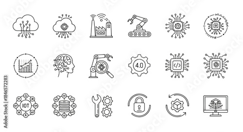 Collection of various icons representing technology, data, cloud computing, and digital concepts