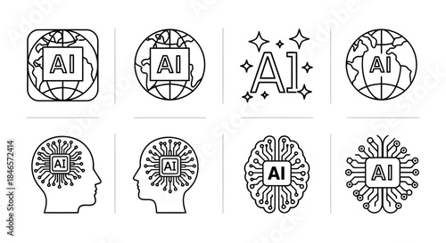 Collection of various artificial intelligence icons with different designs and styles, showcasing ai technology concepts