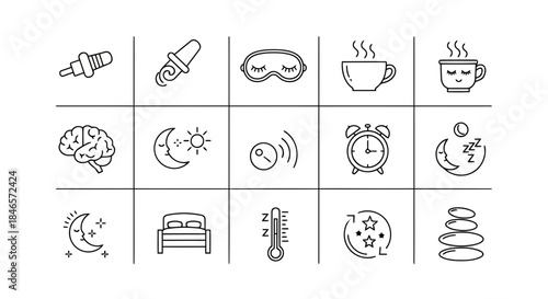 Illustration of various icons representing sleep, relaxation, and health concepts like brain, alarm clock, and bed