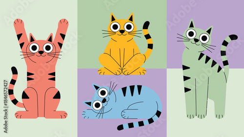 Colorful cartoon cats in playful poses on pastel background