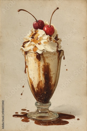 Vintage watercolor illustration of chocolate milkshake sundae with whipped cream and cherries, hand painted dessert in glass on textured antique paper