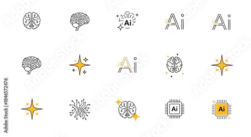 Collection of various artificial intelligence and brainthemed icons and logos, representing technology and neural networks