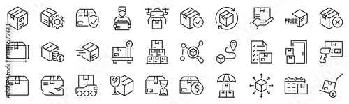 Set of 30 outline icons related to parcel. Linear icon collection. Editable stroke. Vector illustration