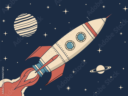 Retro rocket ship blasting off into a starry night sky with planets.