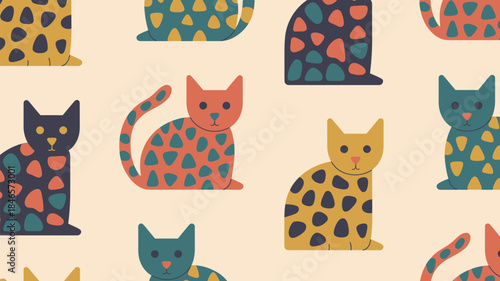 Colorful cartoon cats in playful pattern with spots and bright colors