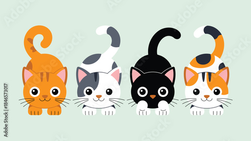 Cute cartoon cats peeking from behind with colorful fur and big eyes