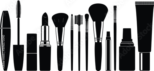 Makeup brush silhouettes set representing beauty cosmetics and professional tools
