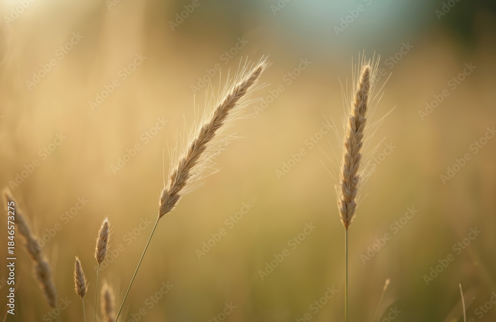 Fototapeta premium Golden wheat or grass ears closeup in field with blurry bokeh background. Selective focus on plants in front, sunlight shining on the scene. Natural outdoor setting. Mature grain stalks.