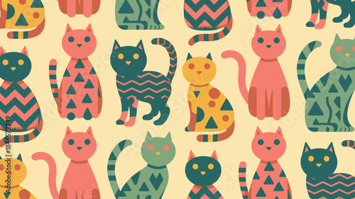 Vibrant cartoon cats in playful colorful patterns on cream background