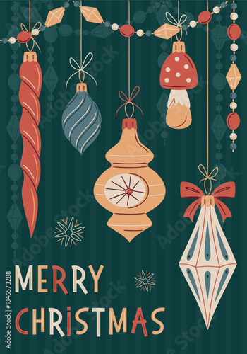 Vintage mid-century Christmas card with nostalgic 1950s ornaments and retro garlands on a dark blue striped background. Elegant festive greeting design for seasonal posters and New Year layouts