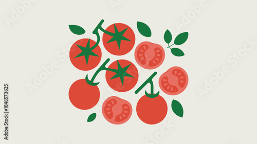 Vibrant tomatoes with green leaves on a light background
