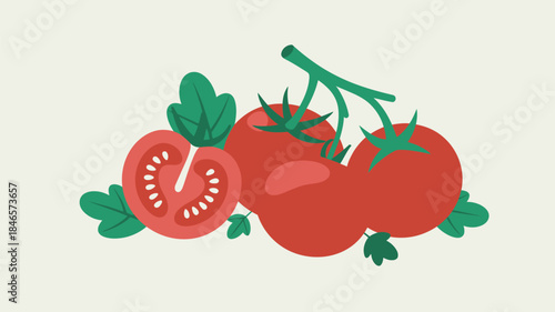 Fresh tomatoes with green leaves on a clean background