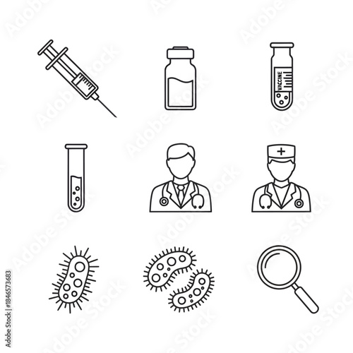 Medical professionals examine virus samples with syringe and magnifying glass in laboratory setting