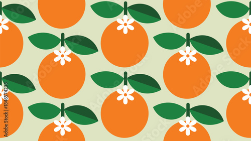 Vibrant orange fruit pattern with green leaves on cream background
