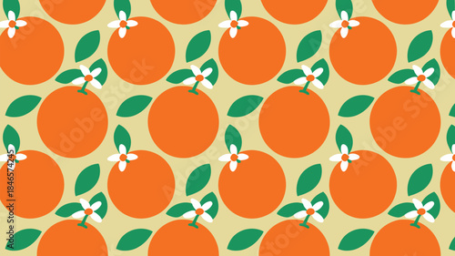 Vibrant oranges with green leaves and white flowers on beige background