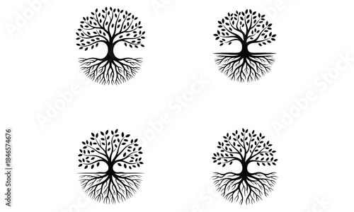 Tree of life silhouettes with roots set, balance and growth symbol, spiritual nature illustration
