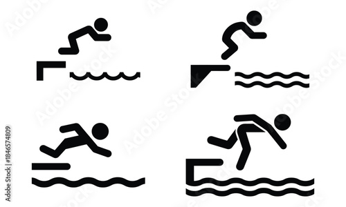 Swimming icons set, people swimming styles pictograms, water sport and pool activity symbols
