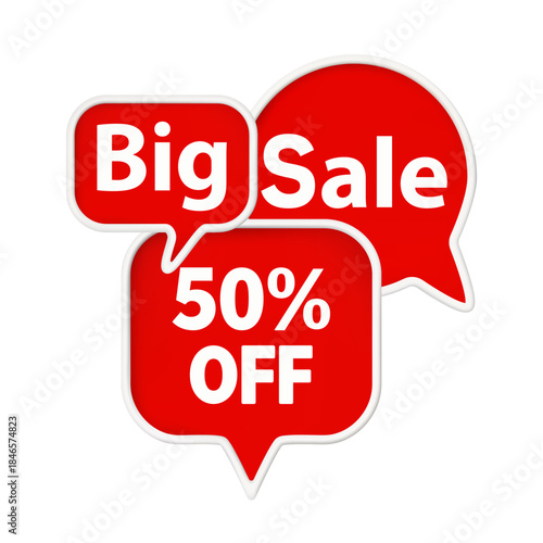 Red speech bubble, big 50% off. Special price deal sign. Advertising discounts symbol. On white background.