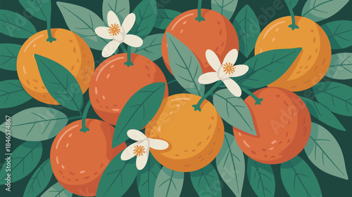 Vibrant oranges and white flowers on lush green leaves background