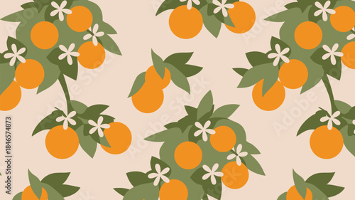 Vibrant orange fruits with green leaves on cream background pattern