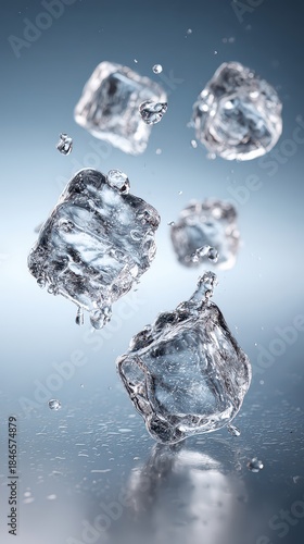 Clear Water Cubes Falling and Splashing in Dynamic Motion Against a Gradient Background With Subtle Sparkles