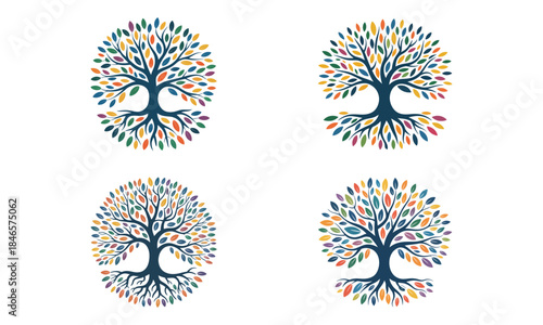 Colorful tree of life icons set, decorative nature trees with multicolor leaves
