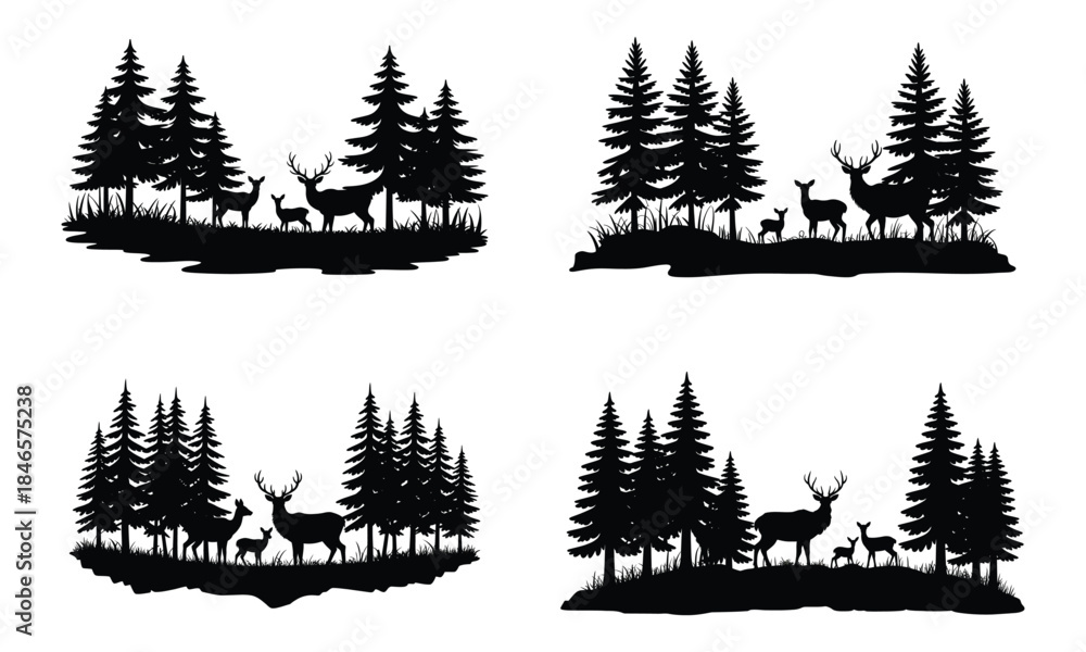 Obraz premium Deer in pine forest silhouettes, wildlife woodland landscape with stag and trees in black 