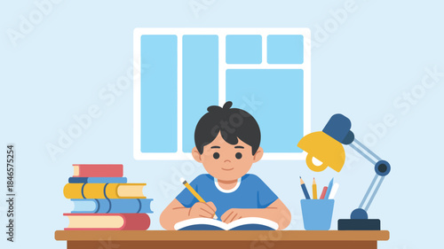 Young boy studying with books and pencil in classroom setting