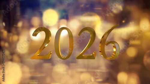 キラキラ輝くイルミネーションの丸ボケ背景　新年・正月・元日の年タイトル　金色3dの2026のテキストシンボル　お祝い・イベント・パーティーの背景