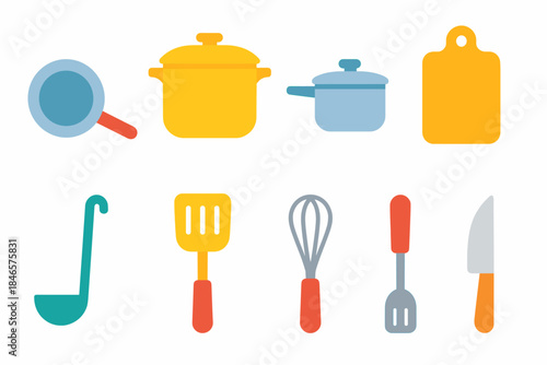 Kitchen utensils and cookware flat icons set