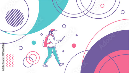 Young woman walking with Smartphone on Abstract Geometric Background – Vector Illustration

