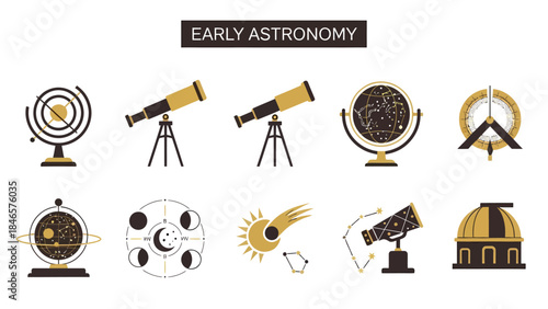 A collection of ten stylized icons illustrating early astronomy tools and celestial concepts