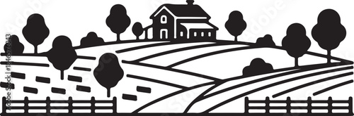 black silhouette of minimal countryside scenery on white background, vector.