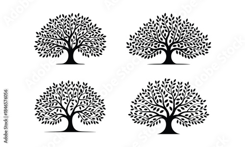 Rounded tree silhouettes set, symmetrical leafy trees, nature and forest icons in black
