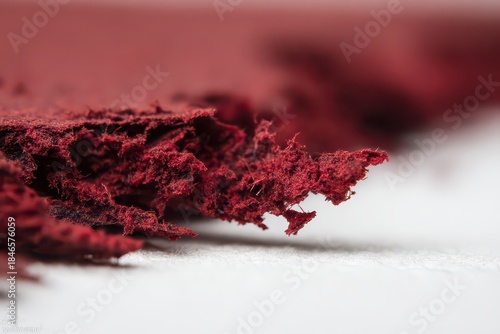 Close Up Macro Shot Of Deep Red Glittery Substance With Sharp Edges Against A White Background