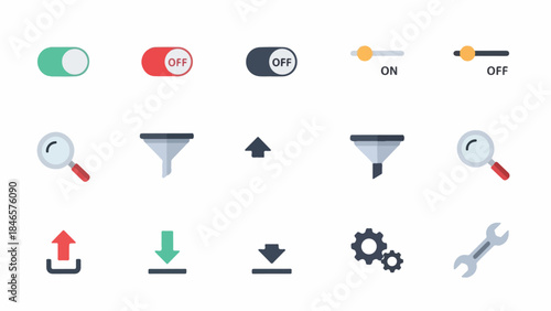 Comprehensive set of modern flat design user interface icons, featuring essential controls like toggles, sliders, search, filter, upload, download, settings, and tools for diverse digital applications
