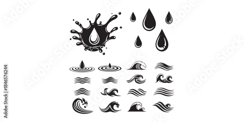Splash water vector black set icon. Fresh droplet isolated black set icon. Vector illustration splash water on white background. Collection of Black and White Water Splash and Wave, pro
