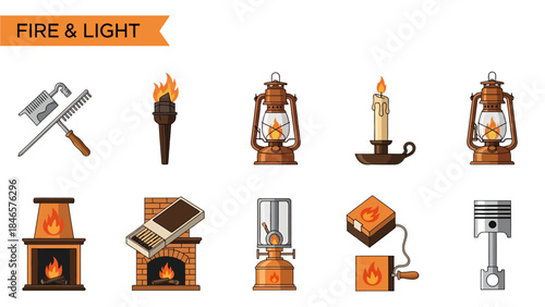 Collection of Fire  Light related tools heat sources and a piston