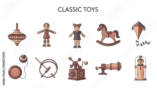 Flat icon set depicting ten different classic toys in brown and pink shades
