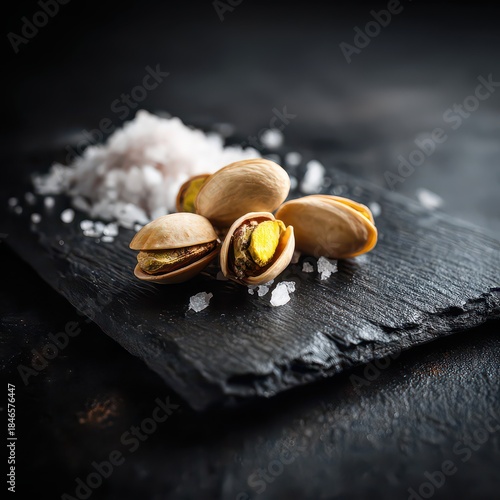 Close Up Macro Shot Of Salted Pistachios On Dark Slate With Crystals Of Sea Salt And Soft Lighting