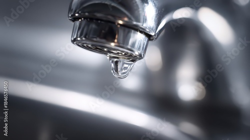 Close up macro shot of a single water drop falling from a chrome faucet in a kitchen sink