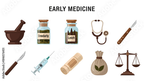 Flat icons illustrating tools and remedies associated with early medicine