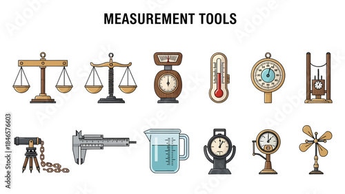 Illustrations of various scientific measurement tools arranged in two rows
