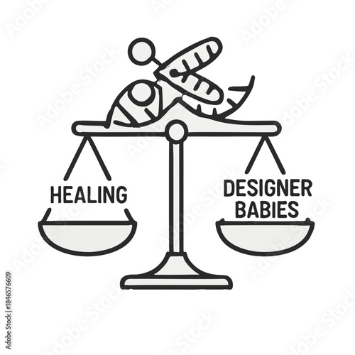 Icon "CRISPR Gene Editing Ethics" - DNA scissors (CRISPR) on a scale balancing between "healing" and "designer baby."
