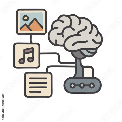 Icon "Generative Artificial Intelligence" - A mechanical brain producing paintings, music, and text.